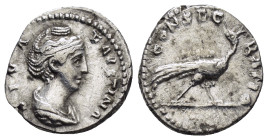 DIVA FAUSTINA I (Augusta, 138-140).Rome.Denarius. 

Obv : DIVA FAVSTINA.
Draped bust right.

Rev : CONSECRATIO.
Peacock advancing right, head turned l...