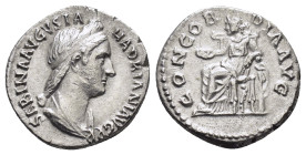 SABINA (Augusta, 138-136).Rome.Denarius. 

Obv : SABINA AVGVSTA HADRIANI AVG P P.
Draped bust right.

Rev : CONCORDIA AVG.
Concordia seated left on th...