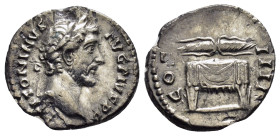 ANTONINUS PIUS (138-161).Rome.Denarius. 

Obv : ANTONINVS AVG PIVS P P.
Laureate head right.

Rev : COS IIII.
Thunderbolt on throne.
RIC 137.

Conditi...