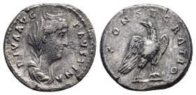 DIVA FAUSTINA I (Died 140).Rome.Denarius. 

Obv : DIVA AVG FAVSTINA.
Veiled, diademed and draped bust right.

Rev : CONSECRATIO.
Eagle standing right,...