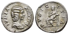 JULIA DOMNA (Augusta, 193-211).Rome.Denarius.

Obv : IVLIA AVGVSTA.
Draped bust right.

Rev : PVDICITIA.
Pudicitia seated left, head facing, hand on c...