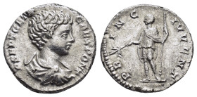 GETA (Caesar, 198-209).Rome.Denarius. 

Obv : P SEPT GETA CAES PONT.
Draped and cuirassed bust right.

Rev : PRINC IVVENT.
Prince standing left, holdi...