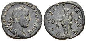 PHILIP I THE ARAB (244-249). Sestertius. Rome.

Obv : IMP M IVL PHILIPPVS AVG.
Laureate, draped and cuirassed bust right.

Rev : AEQVITAS AVGG / S - C...
