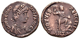 THEODOSIUS I (379-395). Ae. Antioch.

Obv : DN THEODOSIVS PF AVG.
Diademed, draped and cuirassed bust right.

Rev : VIRTVS EXERCITI / ANTA.
Emperor st...