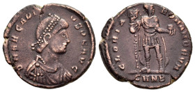ARCADIUS (383-408). Ae. Nicomedia.

Obv : D N ARCADIVS P F AVG.
Diademed, draped and cuirassed bust right.

Rev : GLORIA ROMANORVM / SMNB.
Arcadius st...