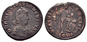 ARCADIUS.(383-408).Constantinople.Follis. 

Obv : D N ARCADIVS P F AVGVSTVS.
Diademed, draped and cuirassed bust right.

Rev : VIRTVS E-XERCITI: Emper...