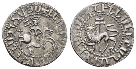 CILICIAN ARMENIA.Levon II.(1270-1289).Sis.Tram.

Obv : Levon on horseback; holds patriarchal cross, + in field, Armenian legend.

Rev : Crowned li...