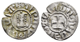 CILICIAN ARMENIA.Hetoum II.(1301-1303).Sis.Obol.

Obv : Crowned facing bust.

Rev : Lang cross with two bars; moon in second quadrant and star in thir...