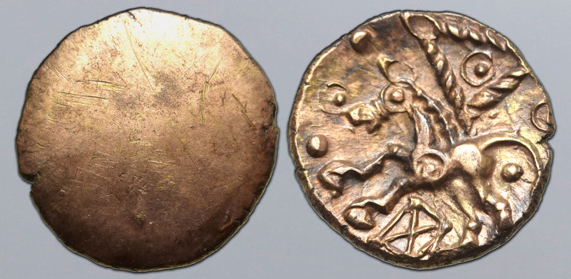 Britannia, Cantiaci AV 1/4 Stater. Circa 40-35 BC. Blank / Celticised horse to l...