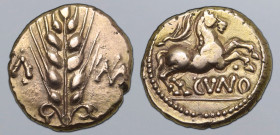 Britannia, the Trinovantes & Catuvellauni AV Stater. Cunobelin, circa AD 20-43. Grain ear with central stalk and tendrils at base; [C]A-M[V] flanking ...