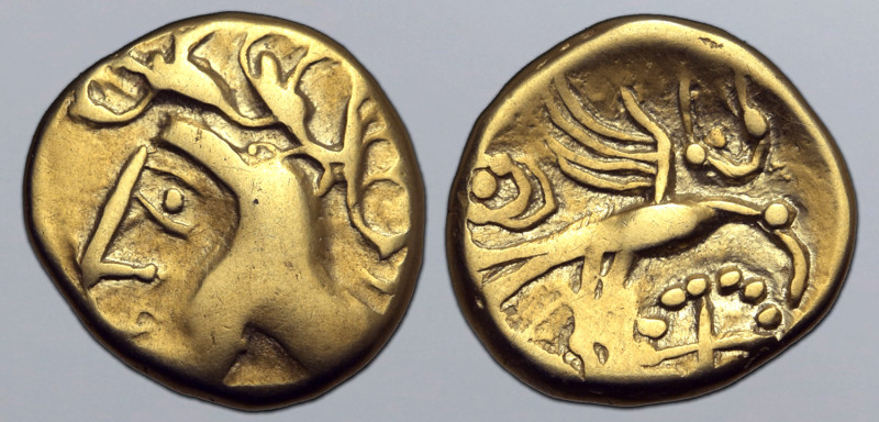 Northwest Gaul, the Carnutes AV Hemistater. Circa 50-30 BC. Head to left / Eagle...