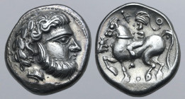 Celts in Eastern Europe AR Tetradrachm. Baumreiter Type. Circa 3rd century BC. Celticised, bearded head wearing reversed laurel wreath to right / Ride...