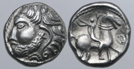Celts in Eastern Europe AR Tetradrachm. Imitating Philip II of Macedon. Circa 2nd century BC. Laureate head of Zeus to left / Rider on horseback to ri...