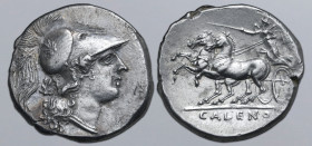 Campania, Cales AR Didrachm. Circa 265-240 BC. Head of Athena to right, wearing crested Corinthian helmet; branch behind neck / Nike in biga galloping...