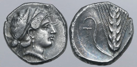 Lucania, Metapontion AR Stater. Circa 430-400 BC. Head of Demeter to right, hair bound in crossed fillet; HYΓIEIA along neck truncation / Barley ear o...