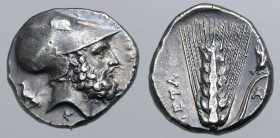 Lucania, Metapontion AR Stater. Circa 340-330 BC. S- and Ami-, magistrates. Head of Leukippos to right, wearing Corinthian helmet; ΛΕΥΚΙΠΠΟΣ above, ho...