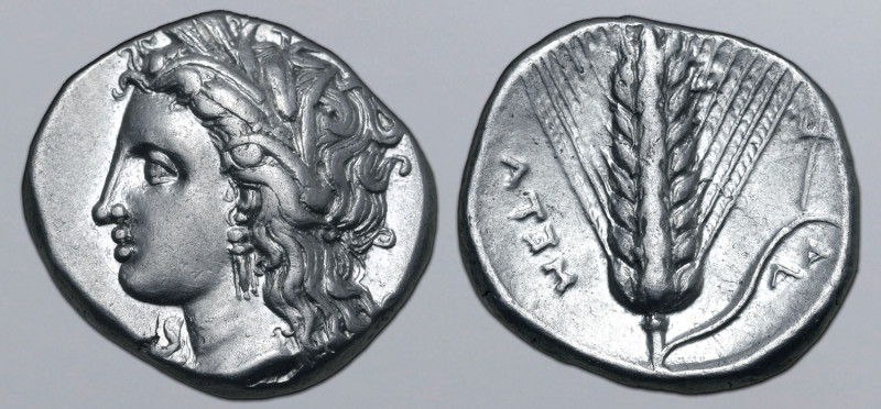Lucania, Metapontion AR Stater. Circa 330-290 BC. Da-, magistrate. Wreathed head...