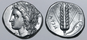 Lucania, Metapontion AR Stater. Circa 330-290 BC. Da-, magistrate. Wreathed head of Demeter to left, wearing triple-pendant earring and necklace / Ear...