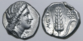 Lucania, Metapontion AR Stater. Circa 330-290 BC. Ly-, magistrate. Wreathed head of Demeter to right, wearing triple pendant earring and necklace; EY ...