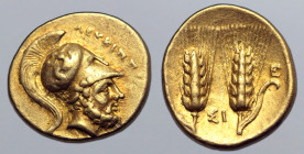 Lucania, Metapontion AV Tetrobol - 1/3 Stater. Attic standard. Time of Pyrrhos of Epeiros, circa 280-279 BC. Bearded head of the hero Leukippos to rig...
