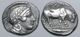 Lucania, Thourioi AR Stater. Circa 443-400 BC. Head of Athena to right, wearing crested Attic helmet decorated with laurel wreath / Bull butting to ri...