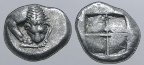 Lucania, Velia AR Drachm. Circa 535-465 BC. Forepart of lion to right, devouring prey / Quadripartite incuse square. HN Italy 1259; SNG Copenhagen 152...