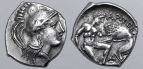 Apulia, Arpi AR Diobol. Circa 325-275 BC. Head of Athena to right, wearing Attic helmet decorated with hippocamp / Herakles kneeling to right, strangl...