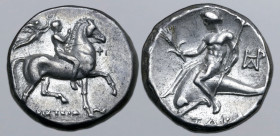 Calabria, Tarentum AR Nomos. Circa 272-240 BC. Phi- and Aristeid-, magistrates. Reduced standard. Nude youth on horseback to right, being crowned with...