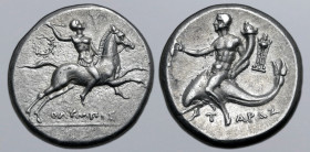 Calabria, Tarentum AR Nomos. Circa 240-228 BC. Olympis, magistrate. Reduced standard. Warrior on horseback to right, brandishing spear and holding rei...