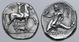 Calabria, Tarentum AR Nomos. Circa 240-228 BC. Philokles, magistrate. Reduced standard. Nude youth on horseback to right, crowning horse with wreath; ...