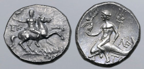 Calabria, Tarentum AR Nomos. Circa 240-228 BC. Kallikrates, magistrate. Reduced standard. Strategos, holding Nike who crowns him in extended right han...