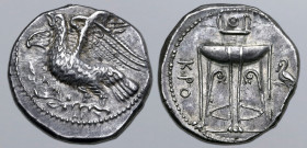 Bruttium, Kroton AR Stater. Circa 350-300 BC. Eagle with wings displayed and head raised, standing to left on olive branch; small AI below / Tripod-le...