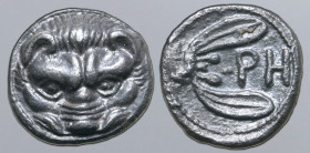 Bruttium, Rhegion AR Litra. Circa 415-387 BC. Facing lion's head / PH within olive sprig. Herzfelder pl. 11, J; SNG ANS 670-4; HN Italy 2499; HGC 1, 1...