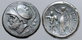 Bruttium, The Brettii Æ Double or Didrachm. Circa 214-211 BC. Head of Ares to left, wearing crested Corinthian helmet decorated with griffin; grain ea...