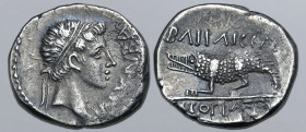 Kingdom of Mauretania, Juba II, with Kleopatra Selene, AR Denarius. Caesarea, circa AD 11-23. Diademed head to right; REX IVBA before / Crocodile stan...