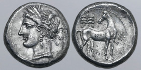 North Africa, Carthage AR Shekel. Circa 300-260 BC. Head of Tanit-Persephone to left, wearing wreath of barley ears, single pendant earring and neckla...
