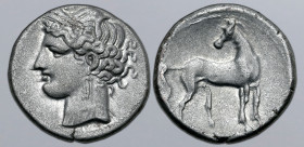 North Africa, Carthage AR Shekel. Circa 264-241 BC. Head of Tanit-Persephone to left, wearing wreath of barley ears, triple pendant earring and neckla...