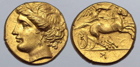 North Africa, Carthage AV Hemistater. Occupation of Hannibal. 216-211 BC. Head of Tanit or Ceres to left, wearing corn wreath / Nike driving biga to r...