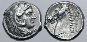 Sicily, Siculo-Punic AR Tetradrachm. ‘Quaestors’ issue. Entella(?), circa 300-289 BC. Head of Herakles to right, wearing lion skin headdress / Head of...