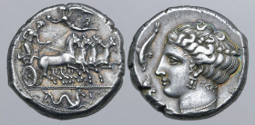 Sicily, Panormos (as Ziz) AR Tetradrachm. Circa 405-380 BC. Charioteer, holding kentron in left hand, reins in both, driving fast quadriga to right; a...