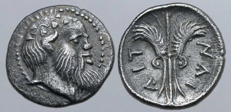 Sicily, Aitna AR Litra. Circa 460-450 BC. Head of Silenos to right, wreathed wit...