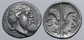 Sicily, Aitna AR Litra. Circa 460-450 BC. Head of Silenos to right, wreathed with ivy / Winged thunderbolt; AIT-NAI around. SNG ANS 1239 (Katane); SNG...