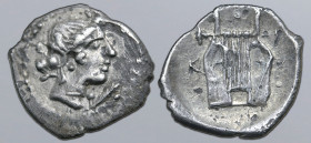 Sicily, Katane AR Tetras. Circa 415-412 BC. Laureate head of Apollo to right; laurel leaf to right before / Kithara; K-[A] across fields, three pellet...