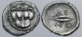 Sicily, Leontinoi AR Obol. Circa 476-466 BC. Facing lion's scalp / Barley grain; ΛEON around. Boehringer, Münzgeschichte 19; SNG ANS 213-216 var. (rev...