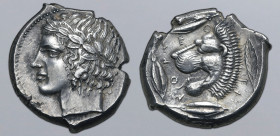 Sicily, Leontinoi AR Tetradrachm. Circa 430-420 BC. Laureate head of Apollo to left / Lion's head to left, with open jaws and tongue protruding; three...