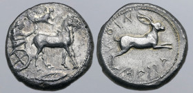 Sicily, Messana AR Tetradrachm. 465-461 BC. Mule biga driven to right by seated male charioteer; Nike flying to right above, crowning mules with wreat...