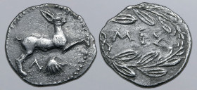 Sicily, Messana AR Litra. Circa 412-408 BC. Hare springing to right; Λ and scallop shell below / MEΣ within wreath. Caltabiano 638; HGC 2, 818 (R2); C...