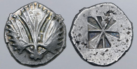 Sicily, Selinos AR Didrachm. Circa 540-515 BC. Selinon (wild parsley) leaf; pellets flanking above, two further pellets flanking stem, taking form of ...