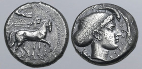Sicily, Syracuse AR Tetradrachm. Time of the Second Democracy, circa 420 BC. Unsigned dies by the unknown master ‘A’. Charioteer, holding kentron and ...