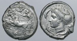 Sicily, Syracuse AR Tetradrachm. Time of the Second Democracy, circa 415-405 BC. Obverse die signed by Eumenes and reverse die signed by Eukleidas. Ch...